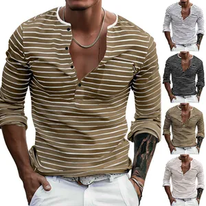 Men Henley Shirt Long Sleeve Pique Fabric Horizontal Striped Casual Slim Fit T-Shirt Fall Winter Breathable Base Layer Top