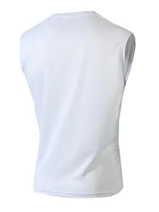 Rückansicht eines weißen, atmungsaktiven Mesh-Sport-Tanktops für Herren im Fitnessstudio