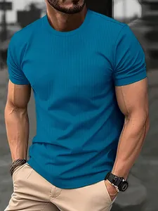 Slim fit men's seersucker textured T-shirt in blue for casual summer sports wear