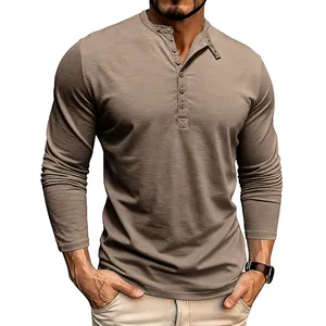 Men's Vintage Slub Polyester Long Sleeve Henley Shirt Slim Fit Solid Color Multi Button Casual Breathable Fashion Top