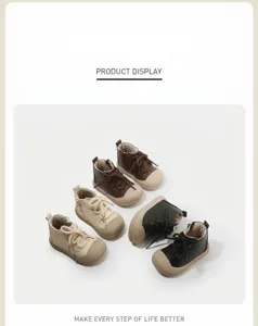Hochwertige Baby-Lauflernschuhe in den Farben Braun, Beige und Schwarz für Kleinkinder.