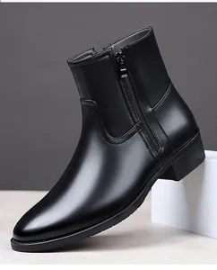 Side view of premium men's sleek black leather Martin boot featuring a side zipper detail