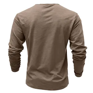 Rear view detail of men's long-sleeved slub polyester T-shirt in earthy brown