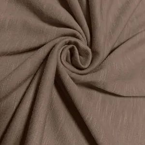 Close-up detail of the brown slub polyester fabric texture for a men's Henley shirt.
