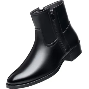 Close-up of men's black leather ankle boots featuring a side zipper and polished finish.
