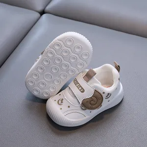 White mesh breathable baby walking shoes featuring a soft and non-slip rubber sole