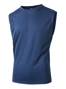 Detailansicht der dunkelblauen atmungsaktiven Mesh-Gewebe-Textur auf dem Herren-Sport-Tanktop