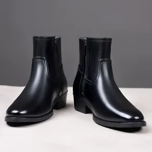 Detailed view of elegant black leather men's business boots featuring a side zipper