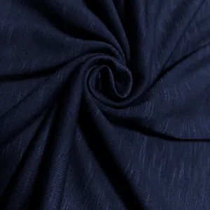 Detailed close-up view of navy blue slub polyester fabric texture for men's shirts.
