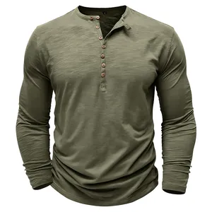 Detail view of a men's long-sleeve Henley shirt with olive green slub fabric texture.