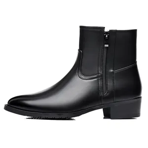 Detailed side profile of a premium black leather business boot featuring a side zipper closure.