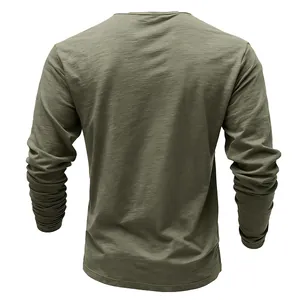 Detailed back view of men's olive green long-sleeved t-shirt featuring slub fabric texture