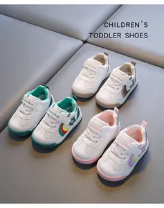 Group of breathable toddler walking shoes in vibrant pink, green, and neutral colors