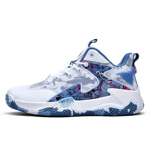 Detailed side view of white basketball shoes with blue graffiti patterns and mesh upper