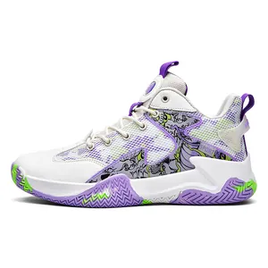 Detailed side view of white basketball sneakers with purple dragon patterns and green accents.
