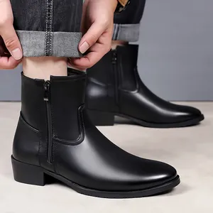 Detail view of men's premium black genuine leather boots with convenient side zipper