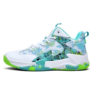 High-top basketball shoe with teal graphic patterns and breathable mesh upper side view