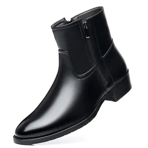 Premium black genuine leather men's business casual boot with sleek side zipper.