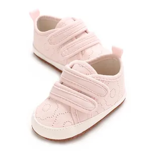 Bequeme weiche rosa Baby-Lauflernschuhe aus Baumwolle mit doppeltem Klettverschluss