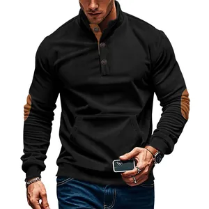 Detailed view of men's black corduroy casual sweatshirt with stand collar and elbow patches