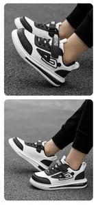 Boys' black and white synthetic leather sneakers shown on feet for autumn 2024 style