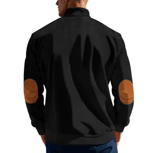 Back view of a men's black corduroy sweatshirt with brown elbow patches.