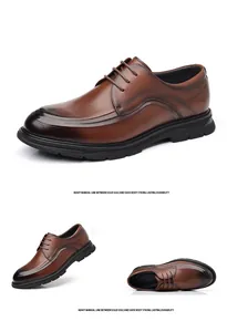Detailed multi-angle views of brown leather men's business dress shoes with durable rubber soles