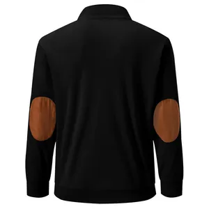 Rear view of men's black corduroy sweatshirt featuring brown contrast elbow patches