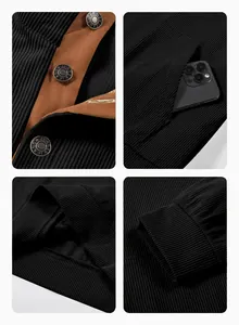 Close-up details of black corduroy sweatshirt showing buttons, pocket, hem, and cuffs