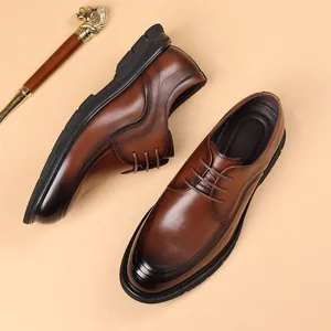 Men's Cowhide Leather Business Formal Shoes Soft Genuine Leather Derby Shoes Wear-Resistant Rubber Sole Office Dress Shoes