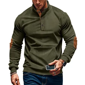 Close-up of olive green corduroy sweatshirt with button collar and elbow patches