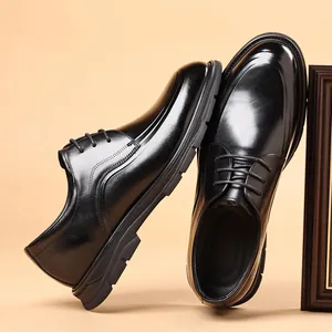 Classic black genuine leather business dress shoes for men with lace-up design