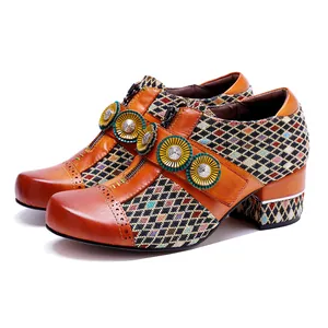 Orange Damen Vintage Schafsleder Bastelstoff Blumen Patchwork Blockabsatz Pumps Handgerieben Leder Halbschuhe Klettverschluss