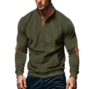 Detail view of olive green corduroy sweatshirt with button collar and elbow patches.