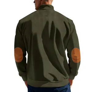 Detailed back view of men's olive green corduroy sweatshirt with elbow patches.