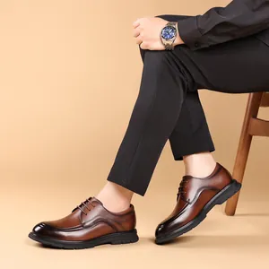 Classic men's brown genuine leather business dress shoes with a comfortable rubber sole