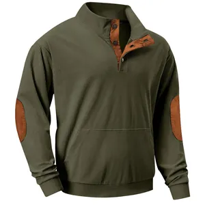 Detail of men's olive green corduroy pullover featuring brown elbow patches and buttons