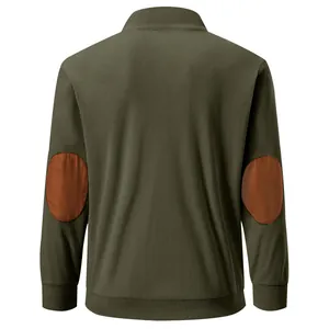 Back view of men's dark green corduroy sweatshirt featuring brown contrast elbow patches