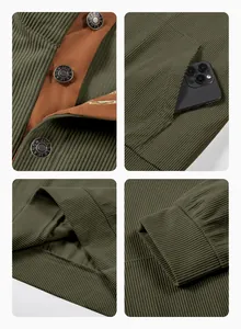 Detailed view of olive green corduroy sweatshirt showing buttons, pocket and ribbed cuffs.