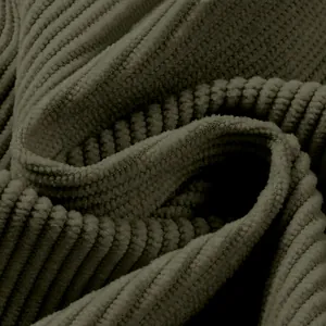 Detailed macro view showing the soft texture and ribbed pattern of olive green corduroy fabric.