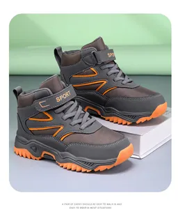 Boys high-top outdoor hiking shoes in gray and orange for rugged terrain