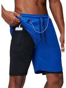 Men's 2-In-1 Double Layer Sports Shorts With Phone Pocket Headphone Hole Quick Dry Polyester Casual Running Training Bottom