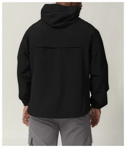 Back view of a black windproof hooded outdoor hiking jacket showing material texture.