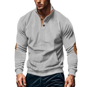Front view of mens grey corduroy sweatshirt with button stand collar and pocket