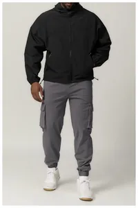 Men's black hooded outdoor windbreaker for hiking and citywalk, water-repellent jacket