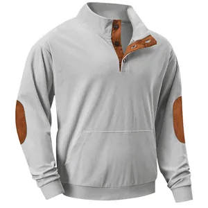 Men's light gray corduroy pullover sweatshirt with stand collar and contrast elbow patches.