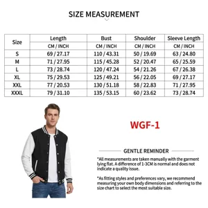 Detailed size measurement chart for men's retro fleece baseball flight jacket in black