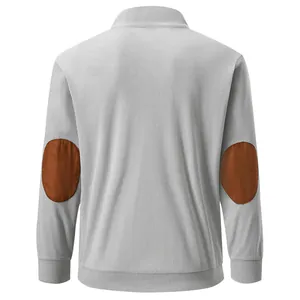 Detailed back view of light gray corduroy long sleeve sweatshirt with brown elbow patches
