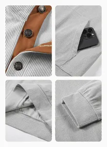 Detailed view of grey corduroy sweatshirt showing pocket, buttons, and ribbed cuffs.