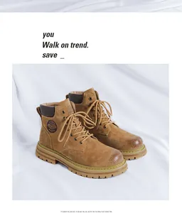 Retro tan suede high-top men's Martin boots with lace-up detail on white background